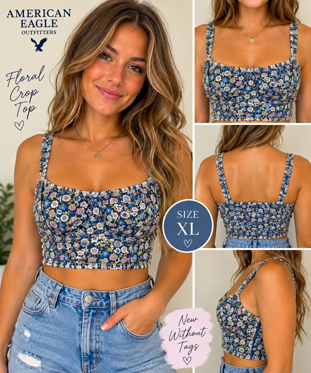 American Eagle Women’s XL Floral Crop Top Blue Pink Cotton Strappy NWOT